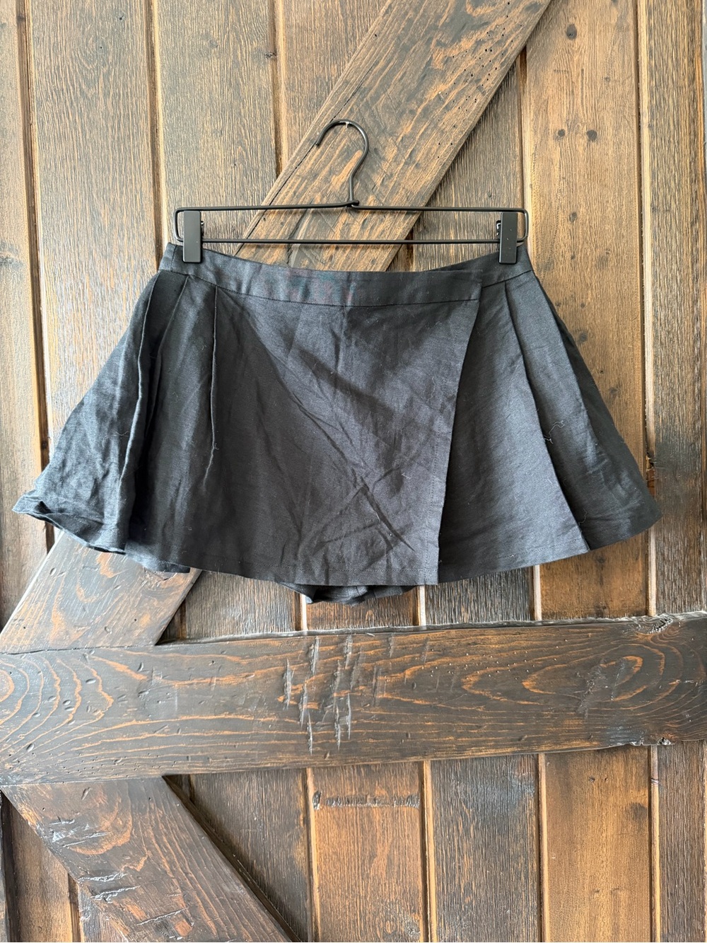 Cindy Soong Ramie Cotton Wrap Front Skort Black Pleated A-Line Ramie Cotton